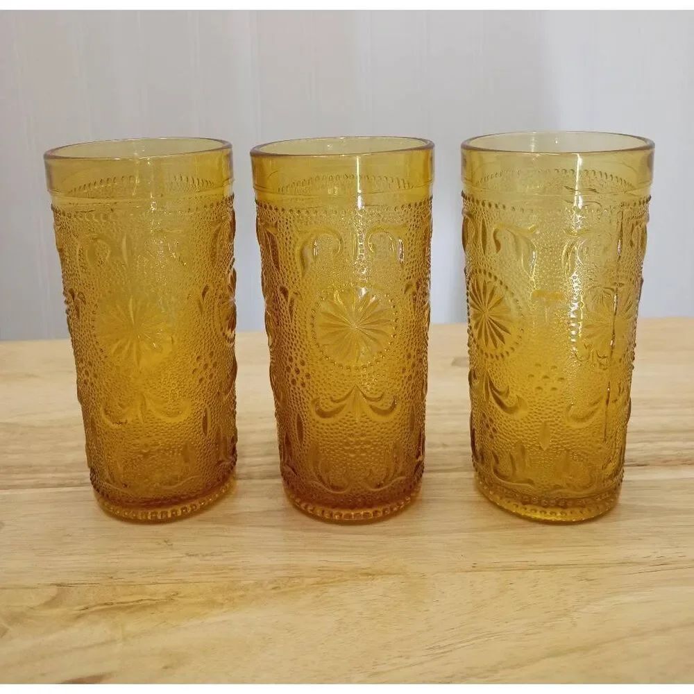 Vintage textured yellow drinking glasses, set of three